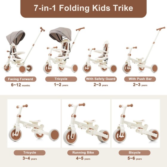 7-in-1 Foldable Toddler Tricycle, Push Bike with Parent Handle, Canopy, Guardrail & Removable Pedal, for Kids 12-72 Months